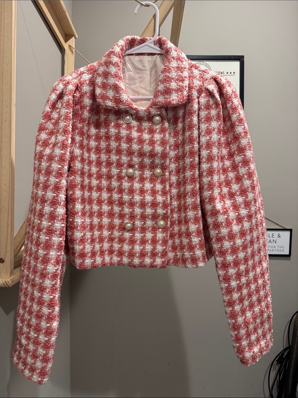 Women's Pink Houndstooth Tweed Double-Breasted Jacket
